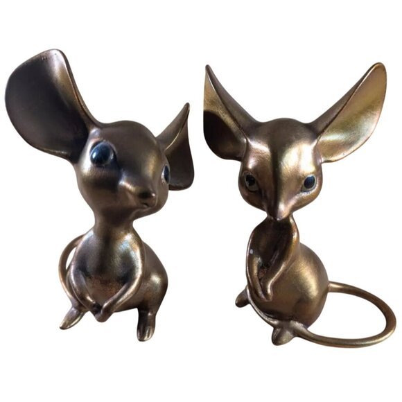 Anthony Freeman McFarlin Gold Mouse Figurines Pair Pottery USA 5.5" Big Ears VTG